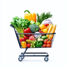 Fresh Vegetables and Fruits in Shopping Cart on White Background for Healthy Diet and Lifestyle Concepts