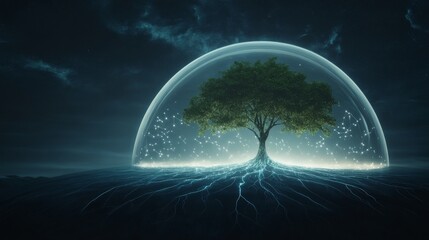 Futuristic glowing tree under protective dome
