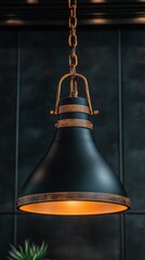 Obraz premium Black Metal Pendant Lamp with Gold Accents Against Dark Wall