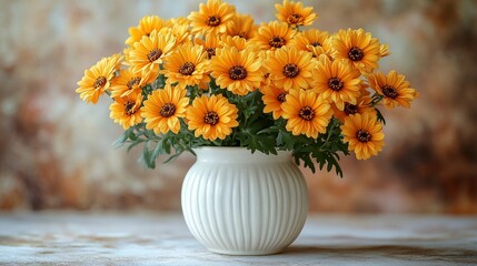 Bright Yellow Chrysanthemums in White Vase Against Textured Wall 