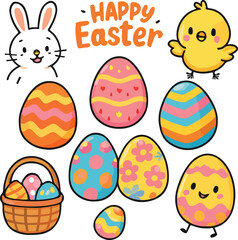 Cute Easter Elements Collection – Hand-Drawn Spring Holiday Icons Including Bunnies, Eggs, Flowers, and Festive Decorations for Seasonal Design Projects