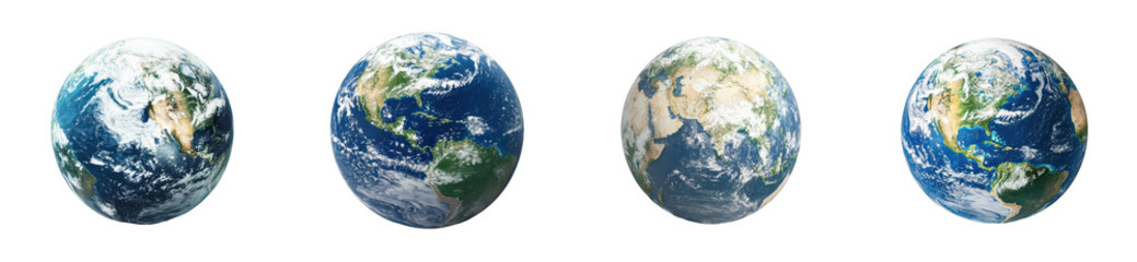 Obraz premium Four different views of earth highlighting continents and oceans from space, cut out - stock png