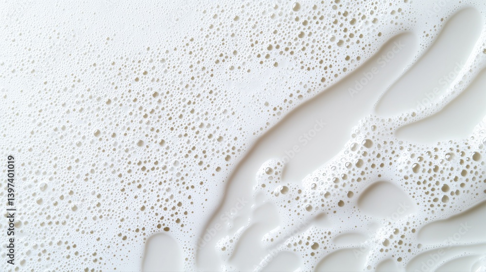 Poster close-up of creamy milk foam with bubbles, creating a textured and smooth surface ideal for backgrou