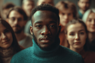 Fototapeta premium Close-up of a young Black man's face, surrounded by blurred faces of diverse people, conveying unity and togetherness, symbolizing inclusion and social harmony