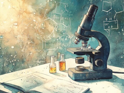 Watercolor science illustration with microscope and formulas
