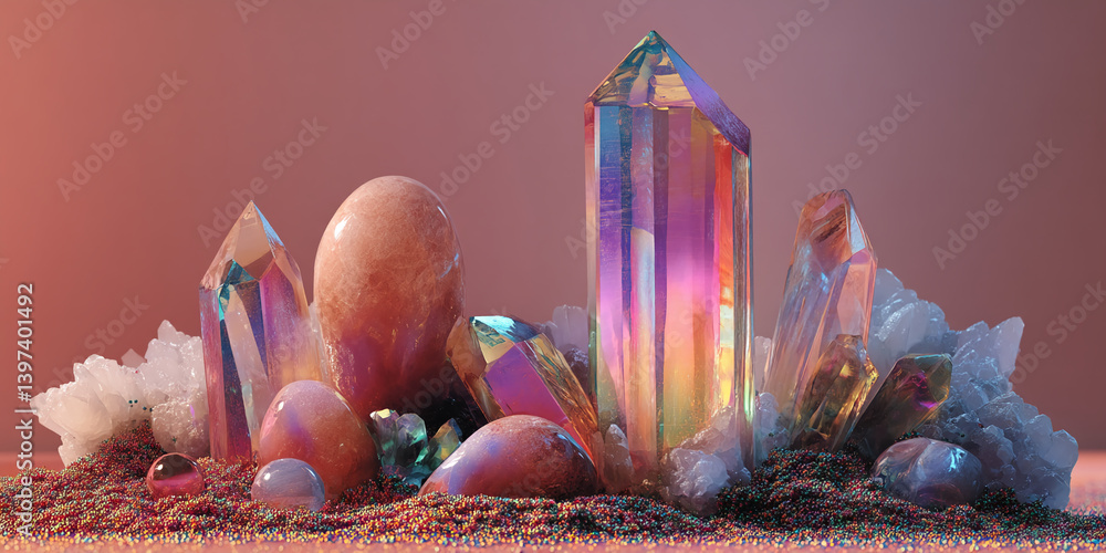 Poster iridescent crystals and polished stones arranged on colorful sand, creating a vibrant and mystical s
