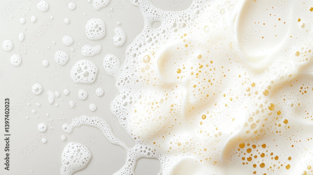 Poster close-up of creamy white foam bubbles creating a textured pattern resembling milk froth or soap lath