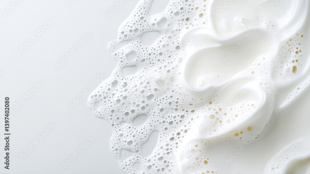 Poster close-up of creamy white foam with bubbles creating an abstract texture, flowing on a smooth surface