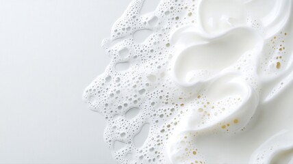 Close-up of creamy white foam with bubbles creating an abstract texture, flowing on a smooth surface.