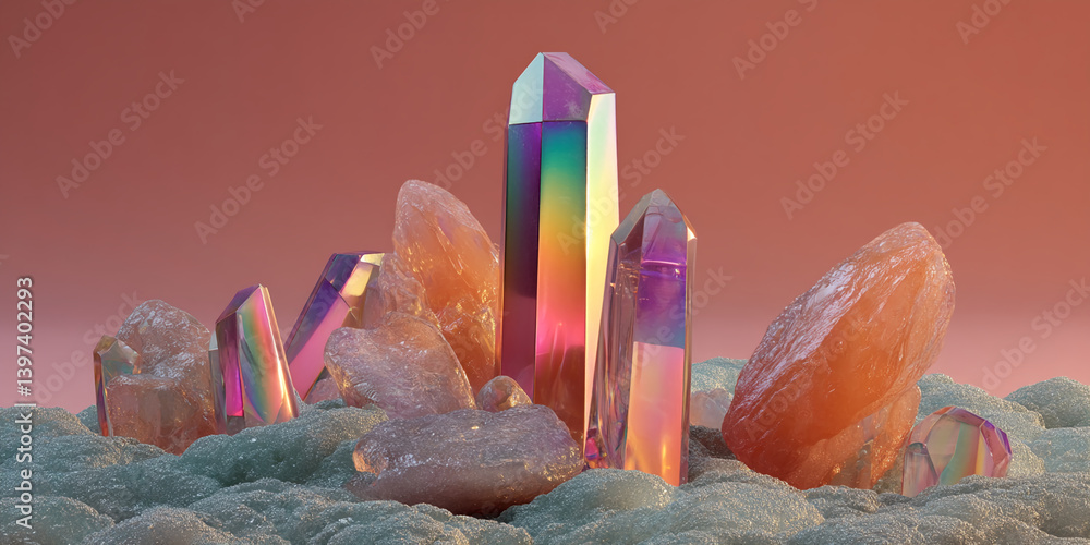 Poster iridescent crystals and quartz cluster on textured surface, showcasing a vibrant, luxurious scene id