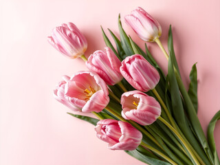 Obraz premium Pink tulip bouquet on soft pastel background, ideal for spring or floral themes. Generative AI
