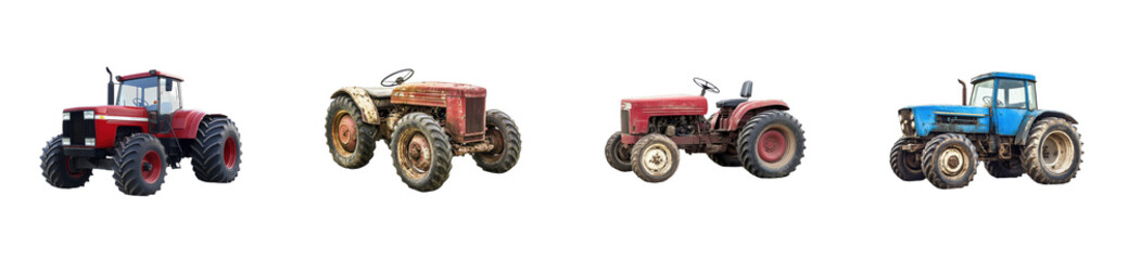 Vintage and modern tractors showcase: red and blue agriculture machines, cut out - stock png