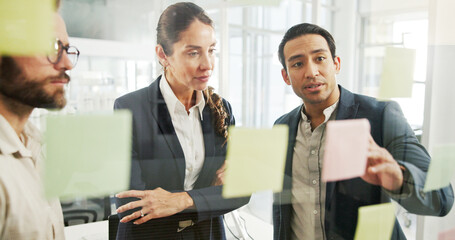 Business, sticky notes and people with planning by glass wall for advertising campaign and project...