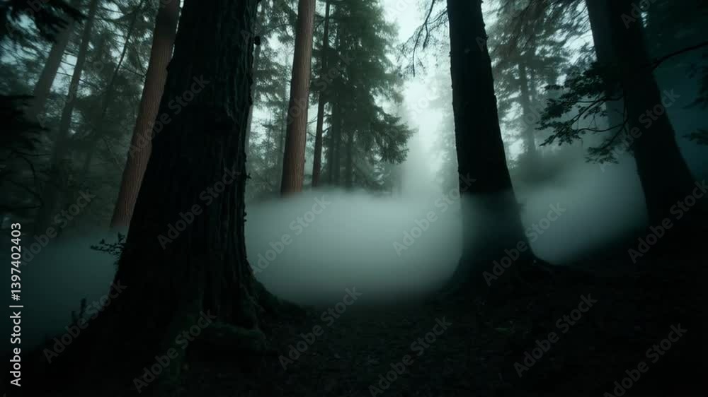 Poster rack the camera as it moves forward through the dense fog, passing tall trees and obscured areas