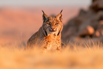 Obraz premium Majestic lynx gazes over golden grasslands at sunset, showcasing