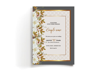 WEDDING INVITATION FRAME WITH FLOWER DECORATIONS AND FRESH LEAVES