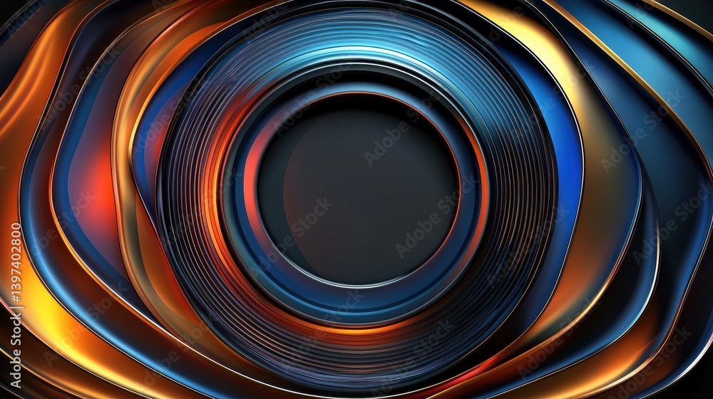 Poster a vibrant, abstract design featuring concentric circular patterns in blue, orange, and black, creati