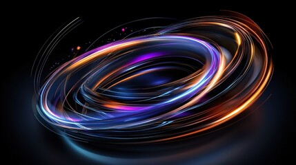 A vibrant swirl of colorful light trails on a dark background, creating an abstract, dynamic visual effect.
