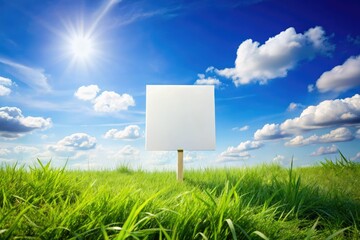 Idyllic summer scene: lush green grass, vibrant blue sky, blank white sign.