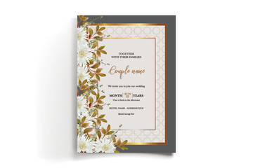 WEDDING INVITATION FRAME WITH FLOWER DECORATIONS AND FRESH LEAVES