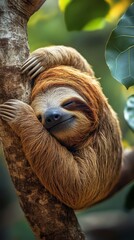 Fototapeta premium A Smiling Sloth Relaxing Comfortably While Hugging a Tree Branch