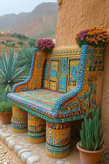 Colorful mosaic bench with desert landscape backdrop.