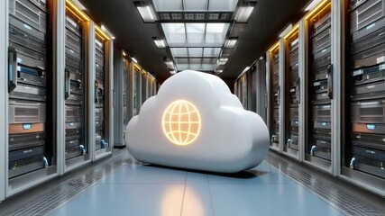 Cloud Computing: Futuristic imagery depicts a server room enhanced with a digital cloud icon, representing advanced data storage and networking. 