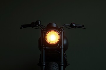 Front view of motorcycle showcasing vibrant headlight against da