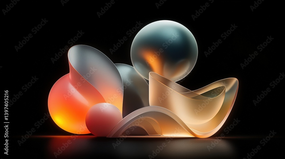 Poster a collection of abstract shapes and spheres in soft colors against a dark background, creating a mod