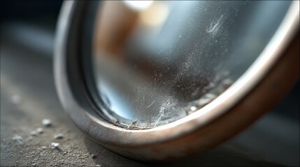 A dusty, curved mirror reflects subtle light, showcasing neglected elegance and forgotten stories.