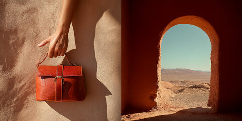 Woman's hand holding small brown leather bag against textured wall, showcasing a desert landscape view through arched doorway, creating a stylish and adventurous mood