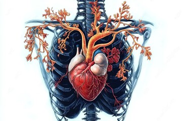 A detailed illustration of the human heart, emphasizing blood flow, vascular connections, and its relationship with the skeletal system, showcasing the complexity of the cardiovascular anatomy.