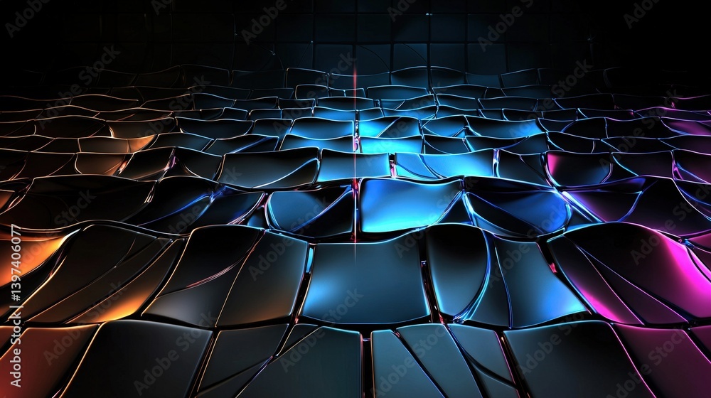Poster a vibrant, abstract surface with wavy, reflective panels illuminated by colorful lights, creating a 