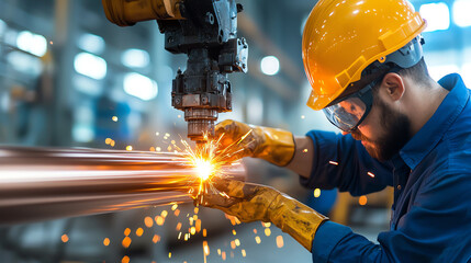 Industrial worker operating a robotic arm for metal welding.