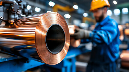Closeup of a copper coil in a factory with a worker in the background.