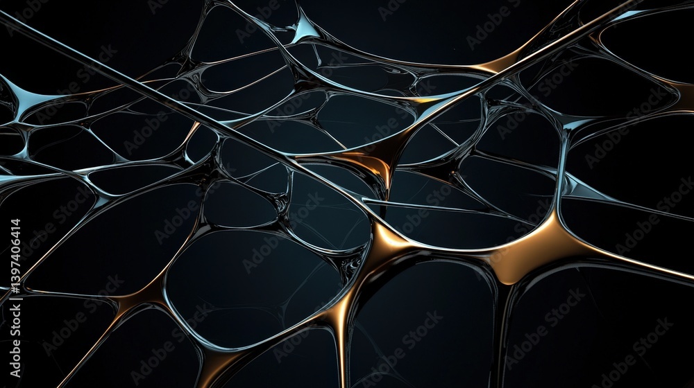 Poster abstract network of interconnected, glossy strands against a dark backdrop, creating a visually stri