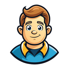 Cartoon style closeup of a smiling young man with brown hair wearing a blue shirt