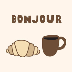 Bonjour. Flat design. Croissant and cup of coffee. Banner illustration. Vector design © Igor