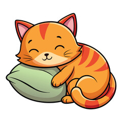 Cartoon Style Ginger Cat Sleeping Comfortably on Green Pillow, Isolated on White