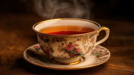 Fototapeta premium A beautiful porcelain tea cup containing warm tea with steam