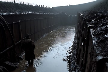 A muddy canal bordered by dark, earthen embankments.