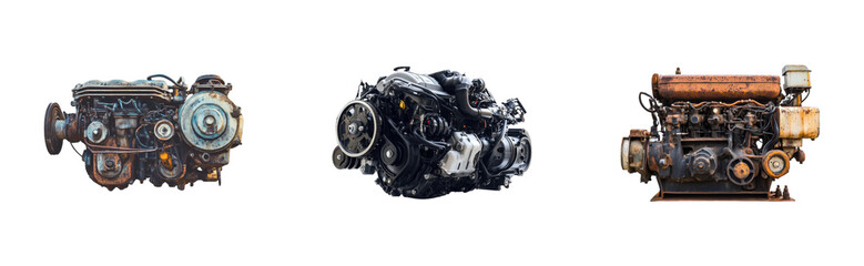 Fototapeta premium Variety of engines: modern, vintage, and rusted mechanical components, cut out - stock png