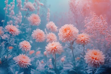 A dreamy garden scene filled with pastel-hued chrysanthemums.