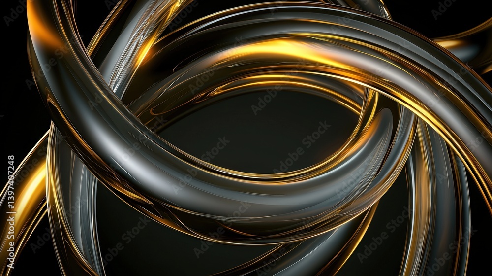 Poster a dynamic abstract image featuring intertwined metallic shapes in black and gold tones, creating a s