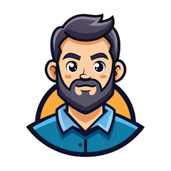Cartoon Style Portrait Bearded Man with Blue Shirt, Dark Hair and Eyes, Simple Design