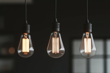 Three vintage-style Edison bulbs hanging from dark ceiling