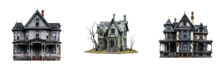 Three eerie abandoned victorian-style haunted houses, cut out - stock png