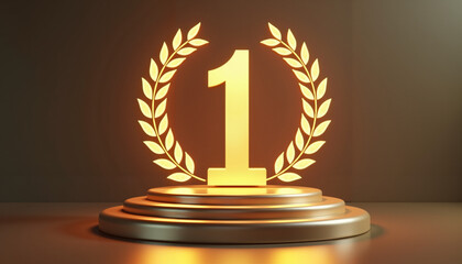 Golden number one with laurel branches on dark background, victory