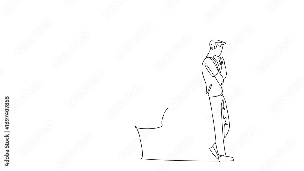 Aufkleber animation of single continuous line drawing man in casual clothes leaning his back against big quest