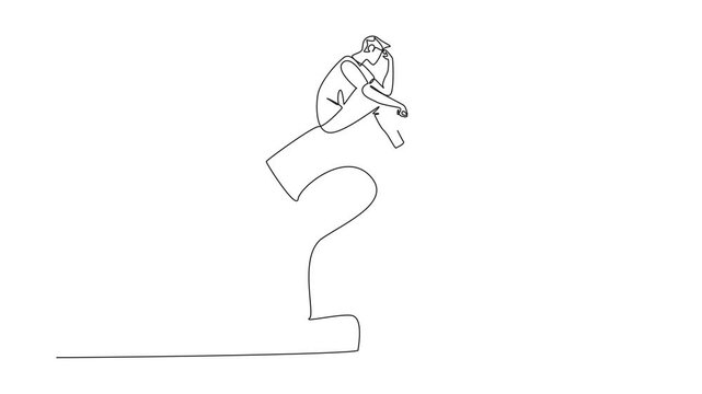 Animation of continuous one line drawing young man sitting on a big question mark while contemplating. Miscalculation. Regret the choice deeply. National Day of Reason. Full length motion